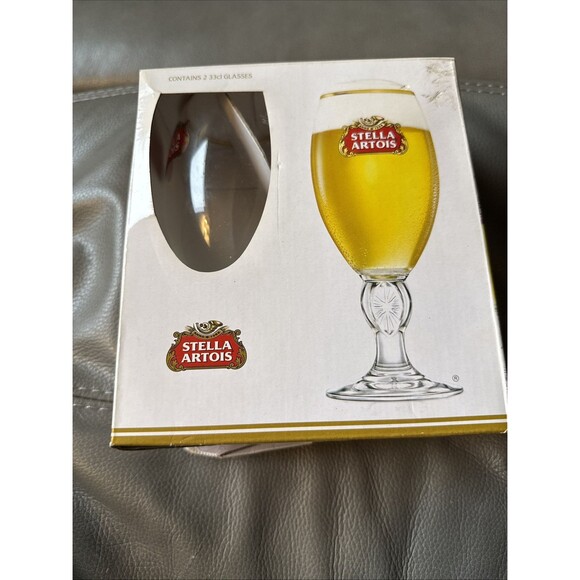 STELLA ARTOIS Belgium Beer Chalices (glasses) set of 2, NEW, 12 oz (33CL), box - Picture 1 of 4